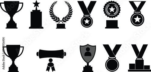 Trophy cups, medals, certificates, and shields silhouette vector set, achievement awards collection for success, competition, and recognition design concept illustration