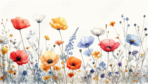 Colorful wildflowers border with delicate stems