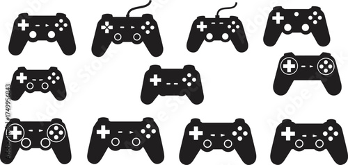 Video game controller silhouette vector collection showing different joystick pad designs for console and computer gaming, modern technology control icons on white background
