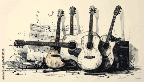 Musical instruments and sheet music still life