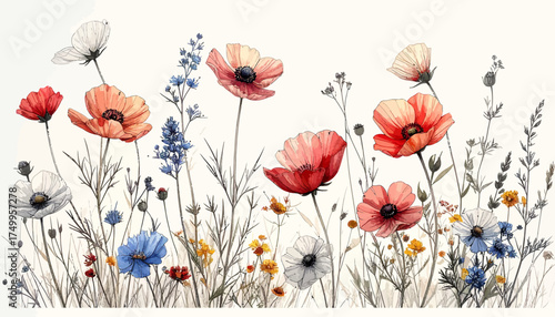 Poppy and wildflower arrangement with transparent background