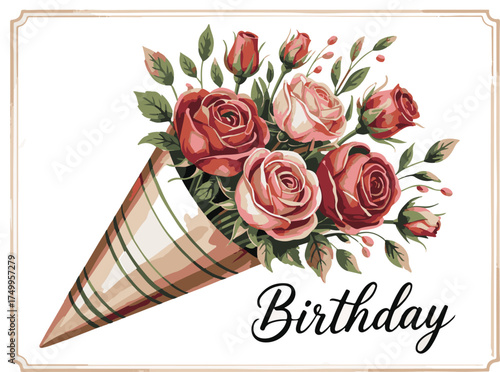 Vintage style bouquet of pink and red roses in a striped cone with the word Birthday flowers floral