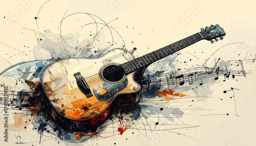 Acoustic guitar with musical notes and splashes