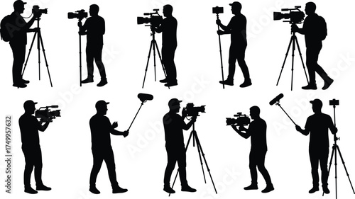 Videographer and cameraman silhouette vector collection filming with tripod, professional video camera, and microphone equipment for filmmaking, vlogging, journalism