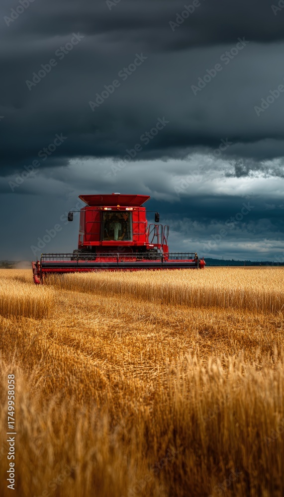 Fototapeta premium Red Combine Harvester in Barley Field with Dramatic Cloudy Skies