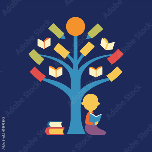 a child reading under a glowing tree made of book