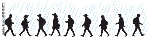 walking under rain with backpacks, rainy day vector illustration showing pedestrians moving outdoors, weather, travel and lifestyle concept on white background