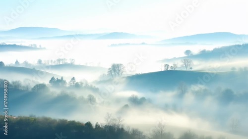 Misty landscape with rolling hills and trees bathed in soft morning light.