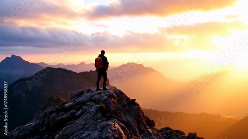 Adventurer standing on a mountain peak at sunset