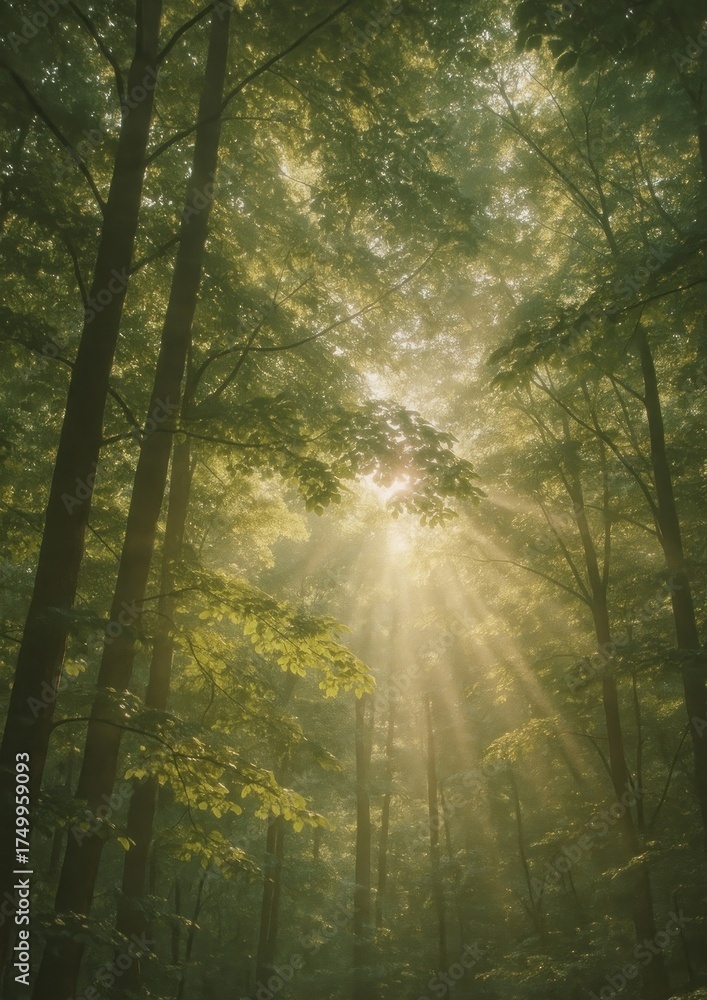 Fototapeta premium Sunlight filters through lush forest.