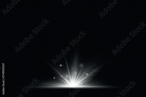 Abstract bright flash of light. Glowing white effect with glare. Isolated on transparent background.
