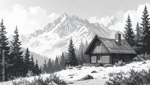 Mountain cabin in snowy landscape with tall pine trees