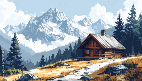 Mountain cabin in snowy landscape with pine trees
