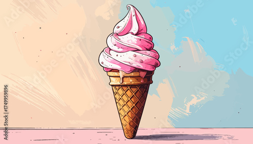 Pink strawberry ice cream cone on a light background