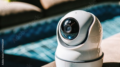 Modern security camera with sleek design near a pool