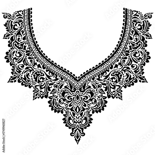 Intricate white lace floral embroidery design for neckline