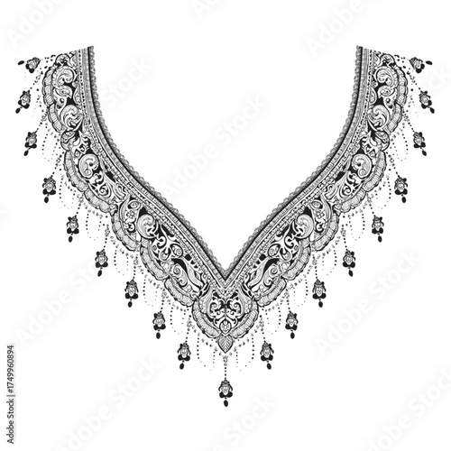 Ornate v neckline embroidery with dangling charms and intricate patterns