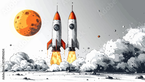 Rocket launch to Mars with fiery exhaust