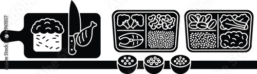 Healthy cooking vector art of black and white illustration of food preparation