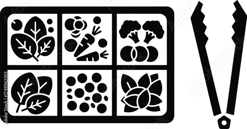 Healthy cooking vector art of vegetable tray with tongs, fresh ingredients for cooking