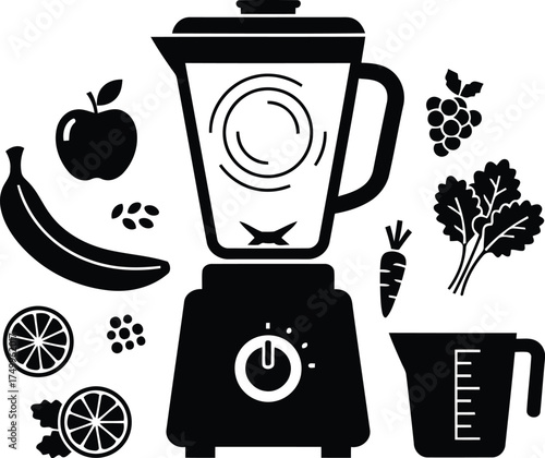 Healthy cooking vector art of blender with fruits and vegetables, healthy smoothie concept