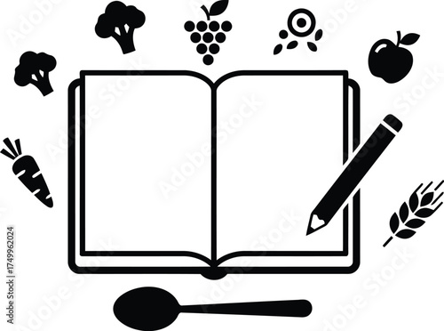 Healthy cooking vector art of black and white illustration of a recipe book