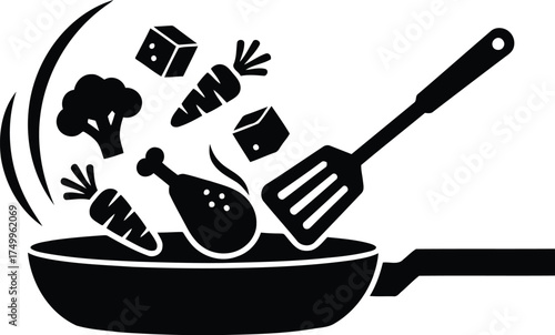 Healthy cooking illustration of cooking food in a pan, healthy meal preparation