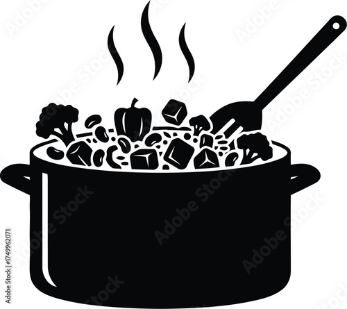 Healthy cooking illustration of a pot with food, homemade soup preparation