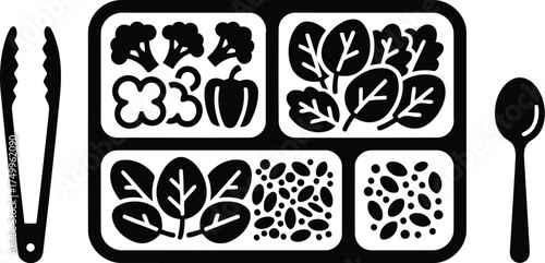 Healthy cooking vector art of healthy meal prep container with vegetables and tongs