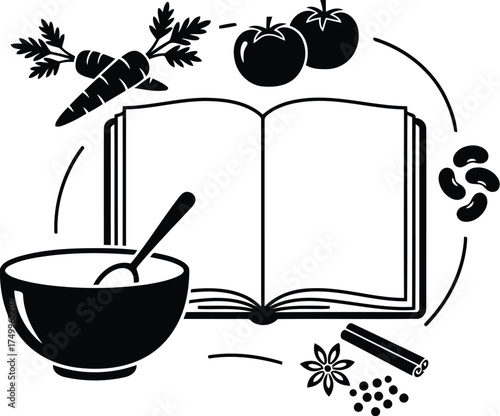 Healthy cooking vector art of recipe book with vegetables and spices, vector illustration
