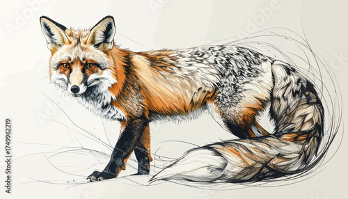 Red fox portrait with detailed fur and flowing lines