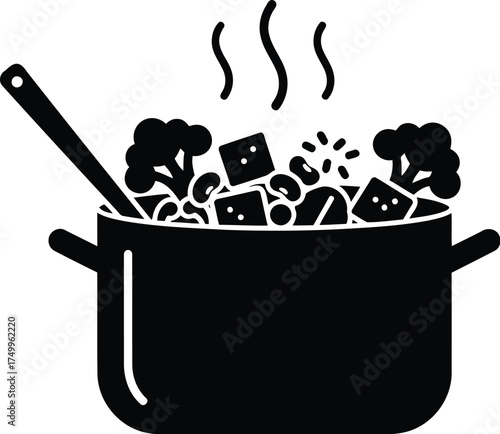Healthy cooking vector art of black silhouette of a pot with cooking vegetables