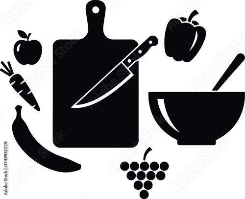 Healthy cooking vector art of black silhouette of cutting board, knife, vegetables and salad bowl on