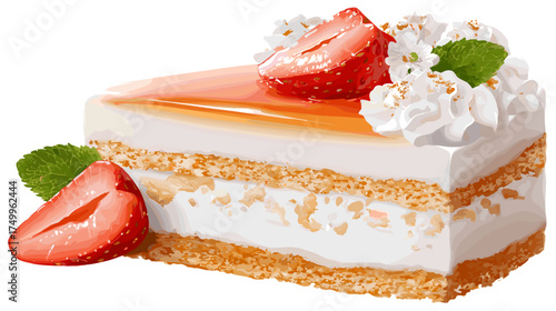 A slice of delightful strawberry cake, adorned with fresh strawberries and a touch of whipped cream, is a sweet treat.