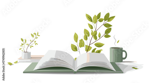 Inviting scene with an open book, steaming beverage, and lush greenery, creating a calming and intellectual atmosphere for relaxation.