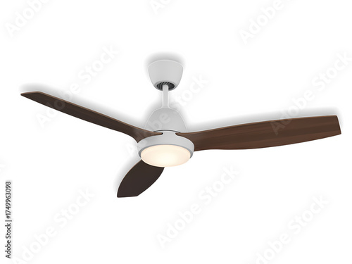 A white and brown colour ceiling fan on transparent background.