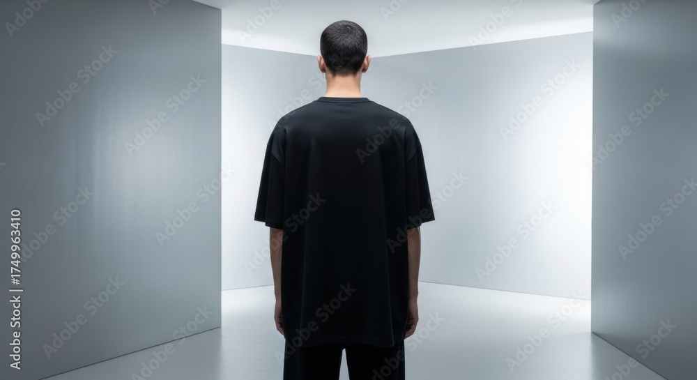 Fototapeta premium Minimalist Back View of Man in Black T-Shirt in Stark White Architectural Space