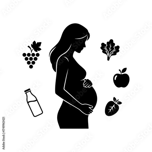 Specialized nutrition sports nutrition vector art of silhouette of a pregnant woman surrounded by healthy food