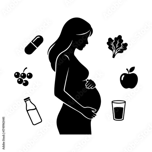 Specialized nutrition sports nutrition vector art of pregnant woman with healthy food and vitamin supplements