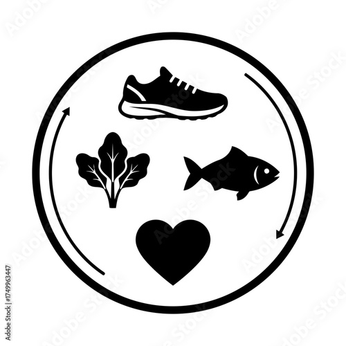 Specialized nutrition sports nutrition vector art of healthy lifestyle concept with fish, spinach, heart, and running shoe