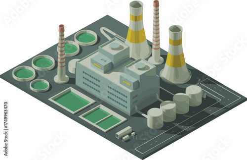 Isometric 3D illustration of industrial power plant with cooling towers and storage tanks, clean energy and factory infrastructure concept