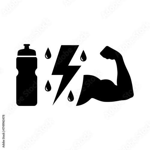 Specialized nutrition sports nutrition vector art of energy and power concept sport bottle, lightning, muscle arm