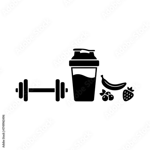 Specialized nutrition sports nutrition vector art of fitness and healthy lifestyle concept dumbbell, shaker, fruits