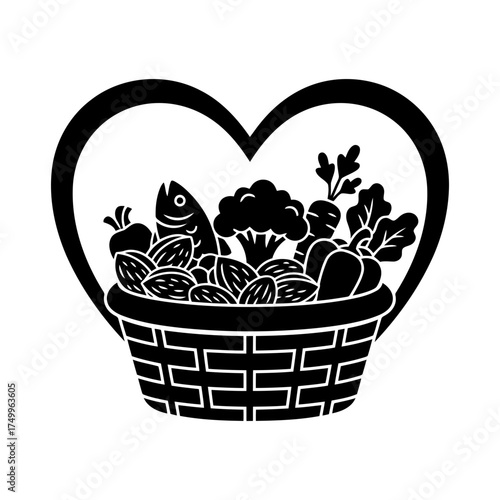 Specialized nutrition sports nutrition vector art of healthy food basket with fish and vegetables