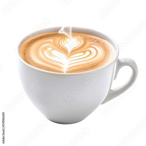 Steaming latte with beautiful heart art in a white ceramic cup, a warm morning treat.