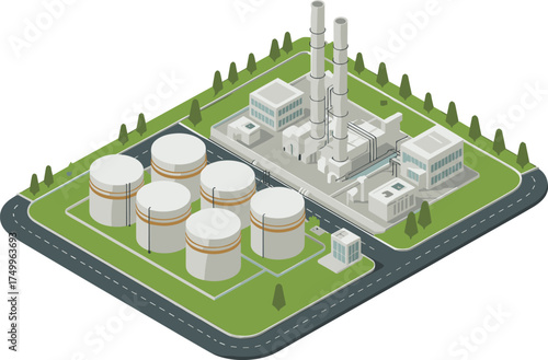 Isometric 3D illustration of industrial power plant with cooling towers and storage tanks, clean energy and factory infrastructure concept