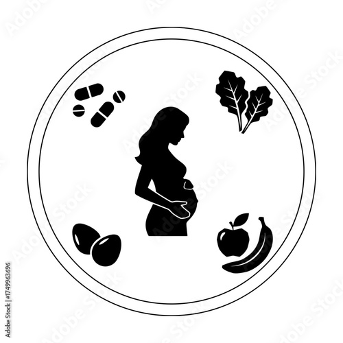 Specialized nutrition sports nutrition vector art of pregnant woman with healthy food choices fruits, vegetables