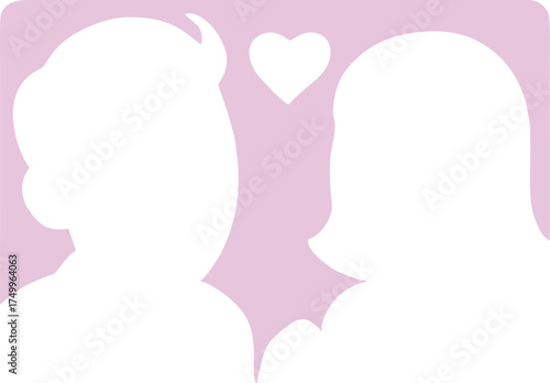 A minimalist pink silhouette illustration of a couple with a heart above them, symbolizing love, connection, and romantic relationships.