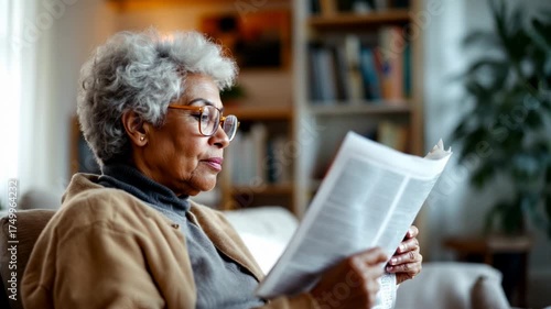 An elderly woman reading a newspaper at home