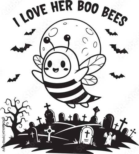 Cute bee halloween cemetery full moon